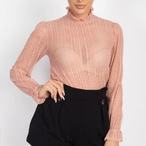 Mock Neck Knit Lace See-Through Long Bell Sleeve Top